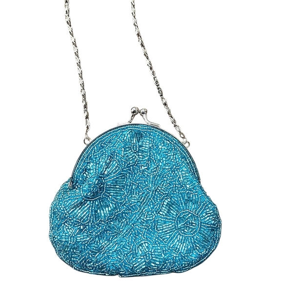Caché Blue Beaded Evening Bag with Silver Chain - Picture 4 of 4